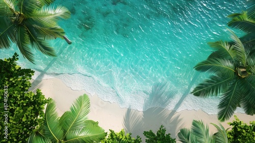 Fresh 3D wallpaper design with a bright turquoise sea, white sand beach, and green palm trees, offering a tropical paradise photomural. Close-up view. photo