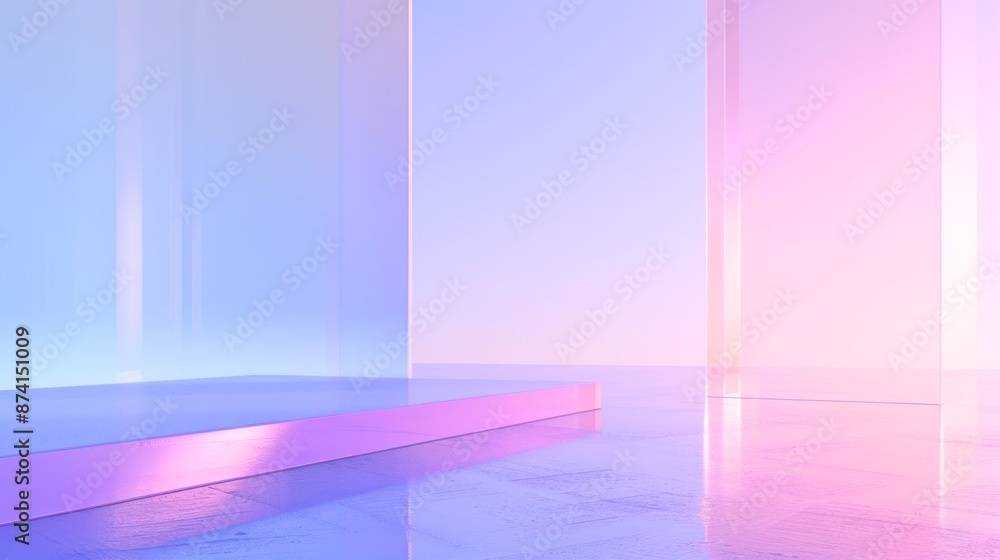 minimalist abstract 3d render of a modern interior with blue and pink gradient lighting and reflective surfaces futuristic digital art background