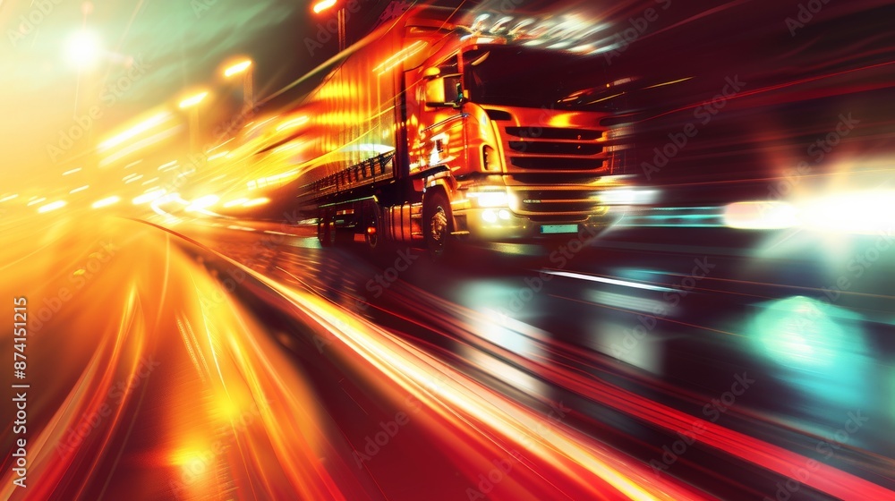 A semi-truck speeds along a highway, illuminated by bright city lights A semi-truck speeds along a highway, illuminated by bright city lights