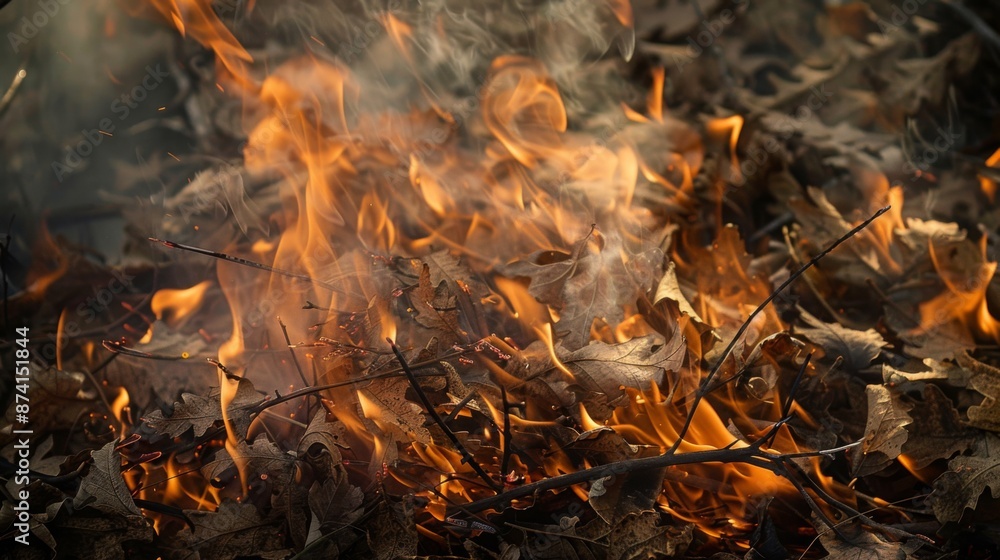 A close-up of flames engulfing dry leaves and twigs, creating intense smoke in a controlled burn. A close-up of flames engulfing dry leaves and twigs, creating intense smoke in a controlled burn.