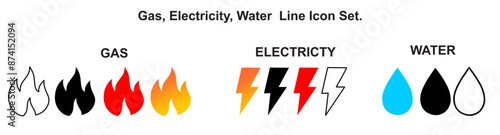 Gas, electricity, water public utilities line icon set. Editable stroke illustration