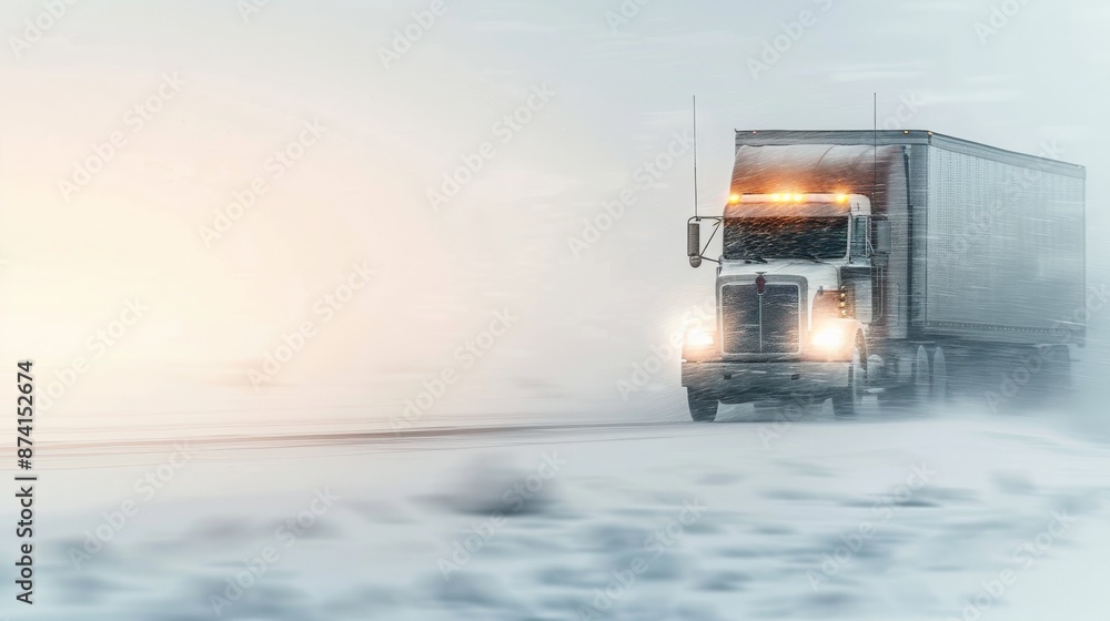 A semi-truck drives through a blizzard on a snowy highway A semi-truck drives through a blizzard on a snowy highway