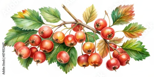 Watercolor Painting of Hawthorn Branch with Red Berries and Green Leaves