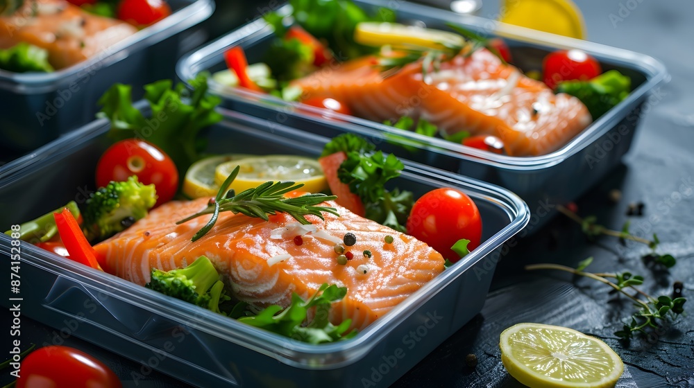 Handmade food delivery plastic containers with salmon fillet and vegetables on dark background, closeup view Handmade food delivery plastic containers with salmon fillet and vegetables on dark background, closeup view