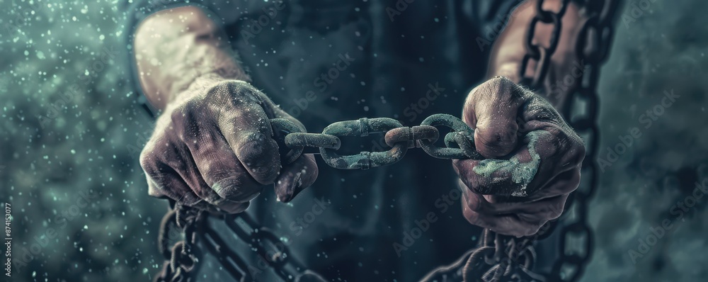 Hands gripping and breaking chains. Concept of freedom and breaking free. Hands gripping and breaking chains. Concept of freedom and breaking free.