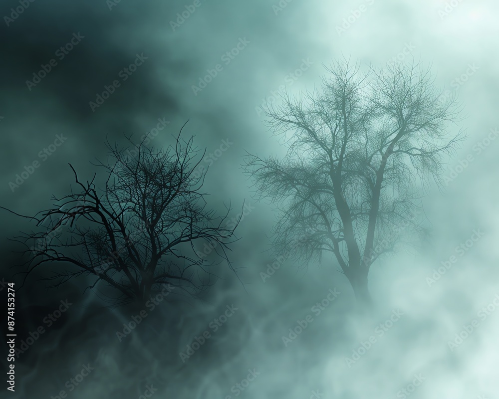 Eerie fog with silhouetted trees, Halloween, space for text,