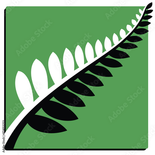 Silver fern iconic symbol of New Zealand minimalist style logo design, black and white on green background. Vector illustration. 