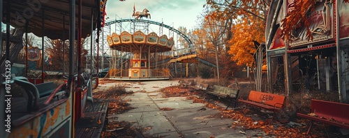 Eerie abandoned amusement park, Halloween backdrop, space for text,