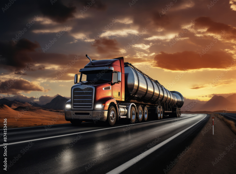 A semi-truck hauling a tanker trailer drives down a straight highway towards a colorful sunset. A semi-truck hauling a tanker trailer drives down a straight highway towards a colorful sunset.