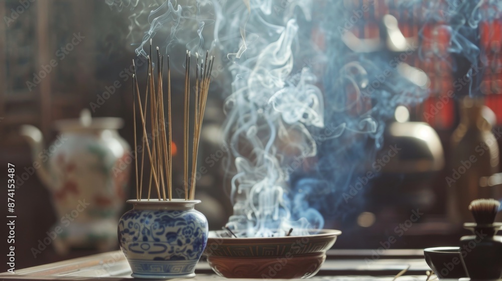 A close-up of smoke rising from incense sticks, creating a tranquil and aromatic ambiance. A close-up of smoke rising from incense sticks, creating a tranquil and aromatic ambiance.