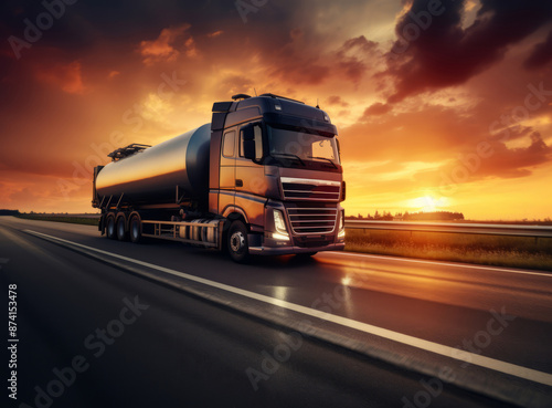 A semi-truck hauling a tanker trailer drives down a straight highway towards a colorful sunset.