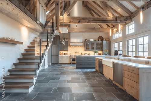 Open-concept kitchen featuring grey slate floors, wood cabinets, and a beamed ceiling. Floating stairs add a modern touch to the spacious, airy design.