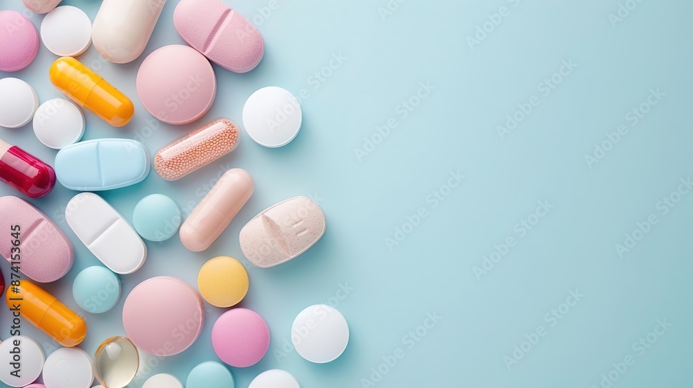 Colorful pills and capsules on blue background with copy space. Colorful pills and capsules on blue background with copy space.