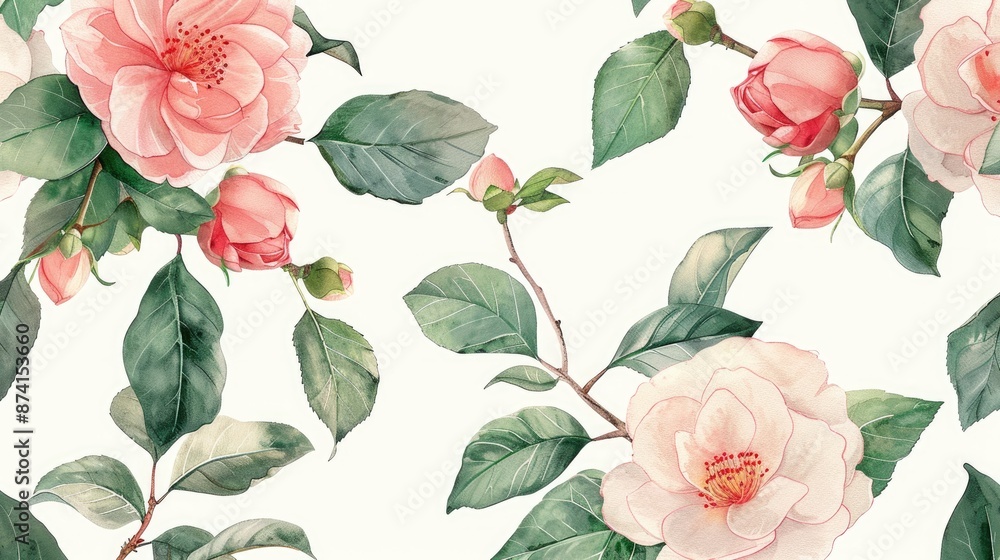 Hand drawn watercolor design featuring camellia flowers and buds Hand drawn watercolor design featuring camellia flowers and buds