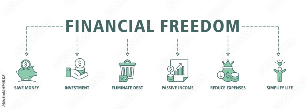 Financial freedom banner web icon set vector illustration symbol concept with icon of save money, investment, eliminate debt, passive income, reduce expenses, simplify life Financial freedom banner web icon set vector illustration symbol concept with icon of save money, investment, eliminate debt, passive income, reduce expenses, simplify life