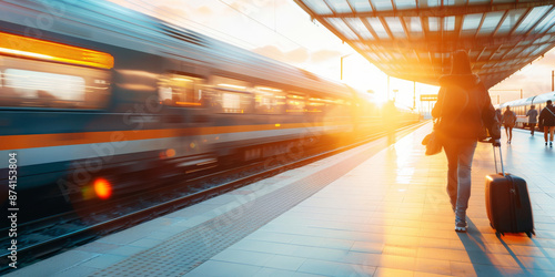 A train is pulling into a station with a person walking with a suitcase by AI generated image
