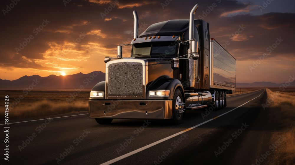 A semi-truck hauling a tanker trailer drives down a straight highway towards a colorful sunset. A semi-truck hauling a tanker trailer drives down a straight highway towards a colorful sunset.