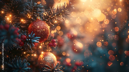 Decorated Christmas tree with glowing lights and festive decorations.