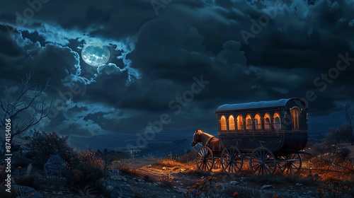 Phantom stagecoach in dark night, Halloween backdrop, space for text,