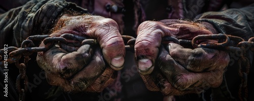 Close-up of hands bound in heavy chains, representing imprisonment or restraint. photo