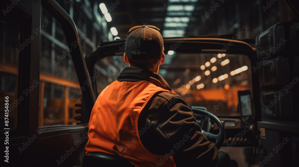 A worker in an orange vest operates a vehicle inside a warehouse filled with industrial equipment. A worker in an orange vest operates a vehicle inside a warehouse filled with industrial equipment.