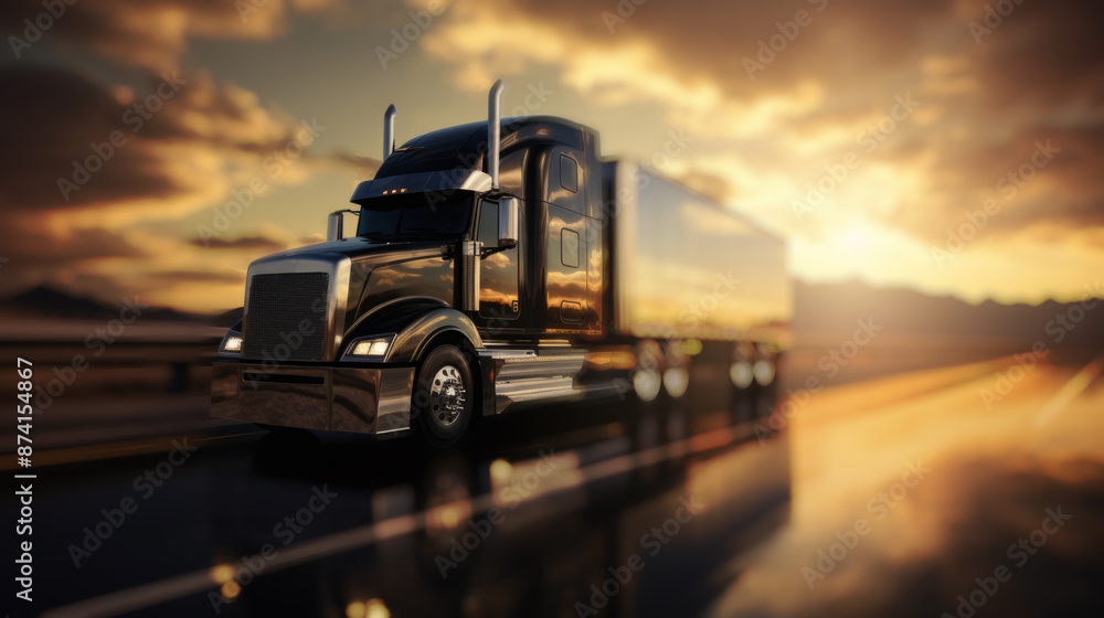 A semi-truck hauling a tanker trailer drives down a straight highway towards a colorful sunset. A semi-truck hauling a tanker trailer drives down a straight highway towards a colorful sunset.