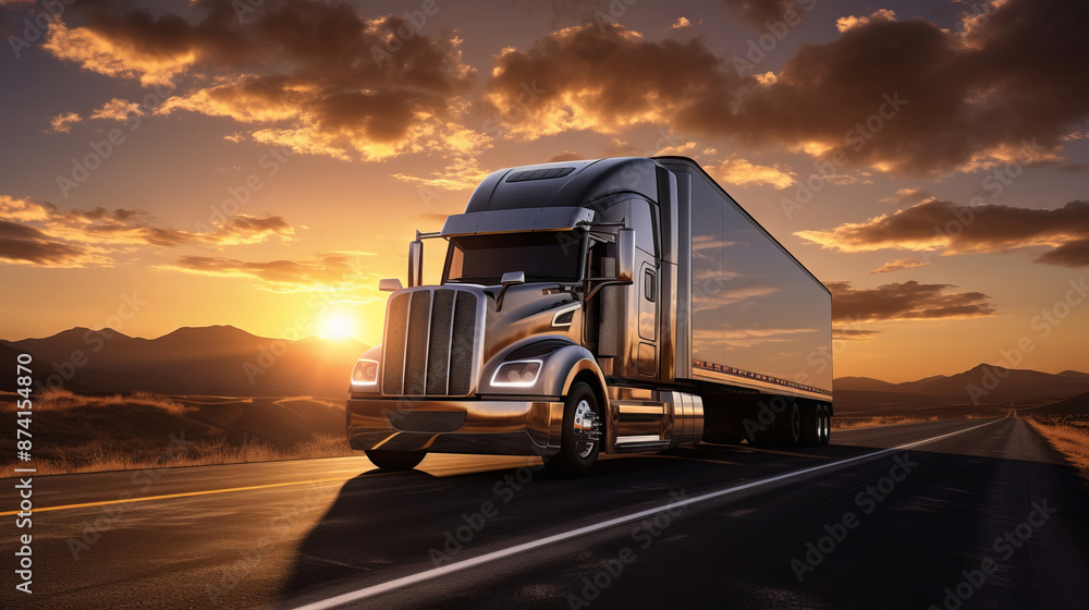 A semi-truck hauling a tanker trailer drives down a straight highway towards a colorful sunset. A semi-truck hauling a tanker trailer drives down a straight highway towards a colorful sunset.