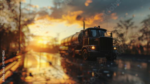 A semi-truck hauling a tanker trailer drives down a straight highway towards a colorful sunset.