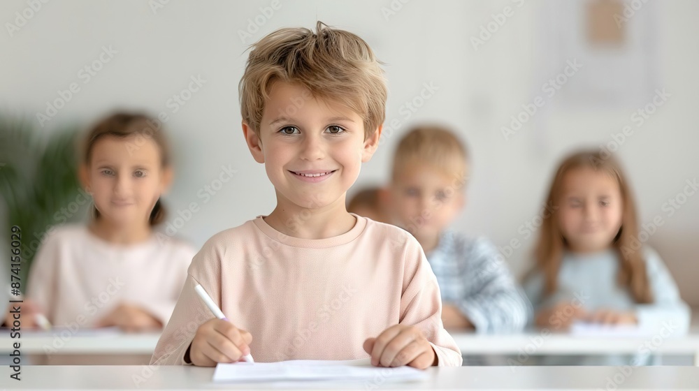 Smiling young boy writing in a classroom with other children in the background. Smiling young boy writing in a classroom with other children in the background.