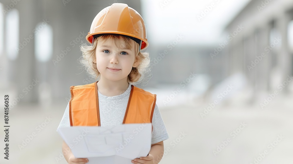 Young boy in construction gear holding blueprint Young boy in construction gear holding blueprint
