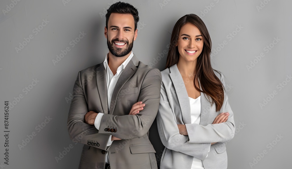 Smiling business man and woman standing with arms crossed over a grey background Smiling business man and woman standing with arms crossed over a grey background