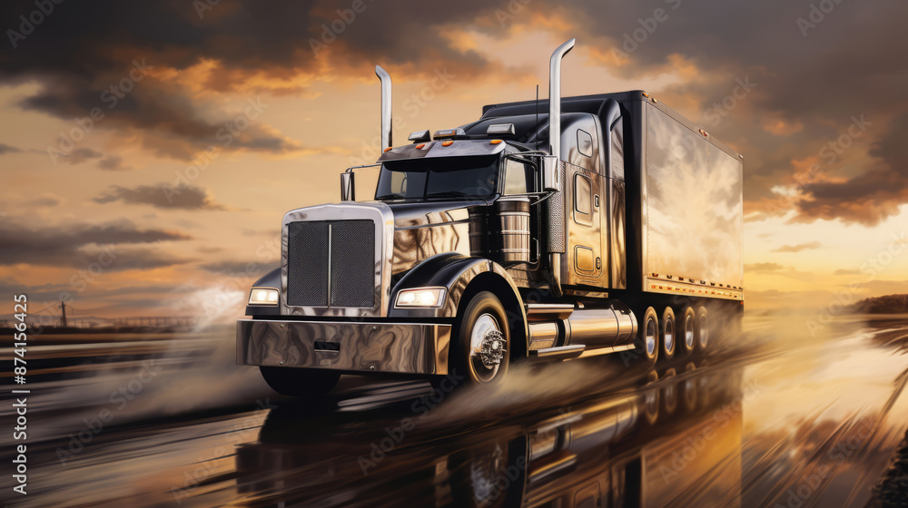 A black semi-truck with a trailer drives down a wet road toward a fiery sunset. A black semi-truck with a trailer drives down a wet road toward a fiery sunset.