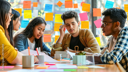 A diverse group of university students work together in a collaborative study session, surrounded by colorful sticky notes, communicating and sharing ideas photo