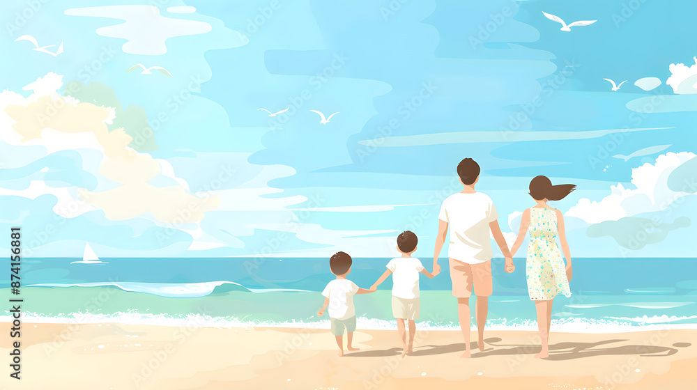 Illustration of a family enjoying a serene day at the beach, holding hands and walking towards the ocean under a clear blue sky. Illustration of a family enjoying a serene day at the beach, holding hands and walking towards the ocean under a clear blue sky.