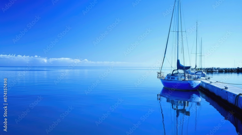 Harbor Beauty: Anchored Sail Boat In Picturesque Bay Coast Harbor Beauty: Anchored Sail Boat In Picturesque Bay Coast