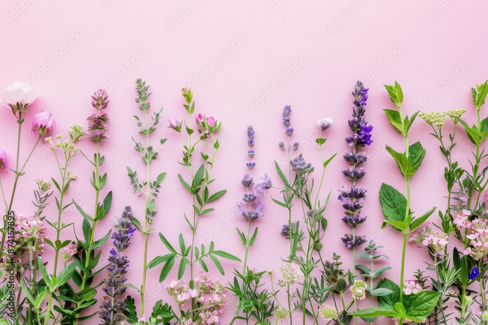 Naklejka premium Herbs And Flowers. Various Beautiful Herbs and Flowers Arranged on Pale Pink Background, Top View with Floral Border