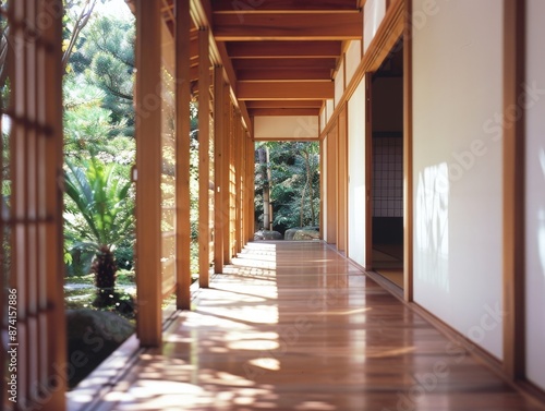 Tranquil Japanese Ryokan Hallway with Shoji Screens and Wooden Beams Leading to Guest Rooms © taelefoto