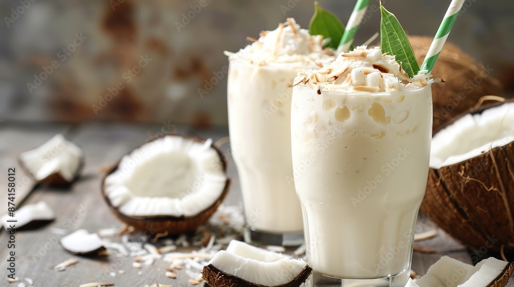 Refreshing Coconut Milkshake on Tropical Background Refreshing Coconut Milkshake on Tropical Background