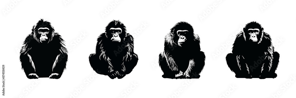 Black monkey silhouette cutout. Set of monkey animal silhouette on transparent background Black monkey silhouette cutout. Set of monkey animal silhouette on transparent background