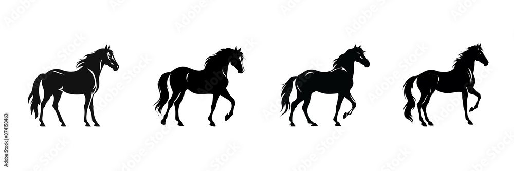Black horse silhouette cutout. Set of horse animal silhouette on transparent background Black horse silhouette cutout. Set of horse animal silhouette on transparent background