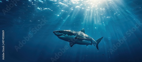 Wallpaper Mural A stunning image of a great white shark swimming gracefully underwater, illuminated by rays of sunlight penetrating the ocean's surface. Torontodigital.ca