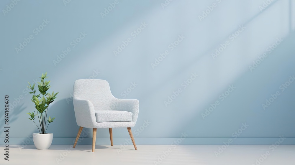 White armchair with wooden legs in a blue room with a plant in a white pot. White armchair with wooden legs in a blue room with a plant in a white pot.
