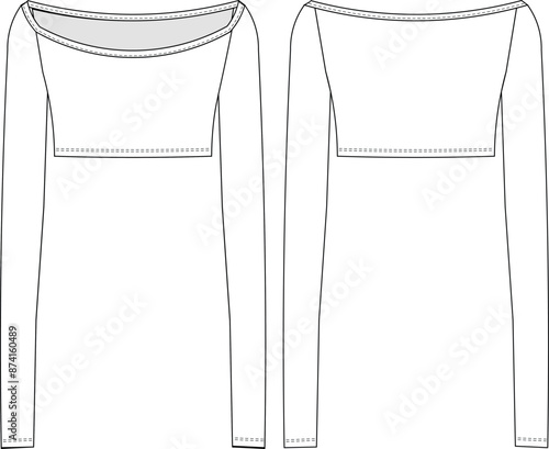 boat neck long sleeve cropped crop raglan blouse top t-shirt tee template technical drawing flat sketch cad mockup fashion woman design style model
