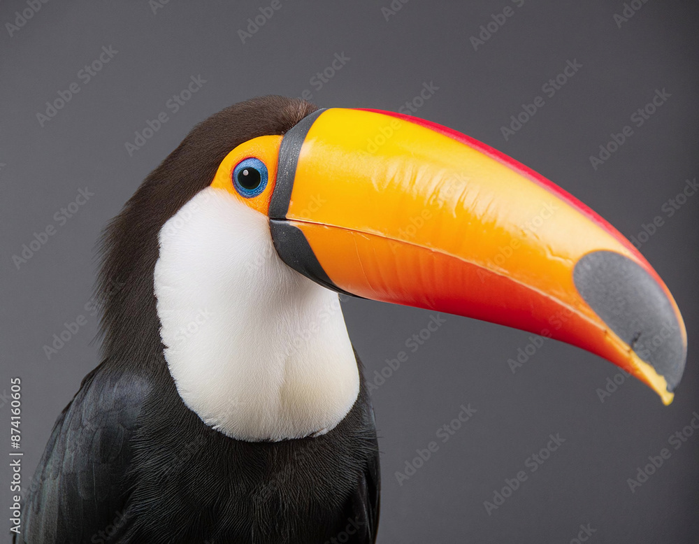 Obraz premium A vibrant toucan with a colorful beak against a grey backdrop