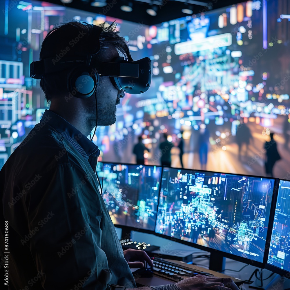 A data scientist wearing a headset is working on a computer in a large control room. The map on the computer shows people walking on city streets. A data scientist wearing a headset is working on a computer in a large control room. The map on the computer shows people walking on city streets.