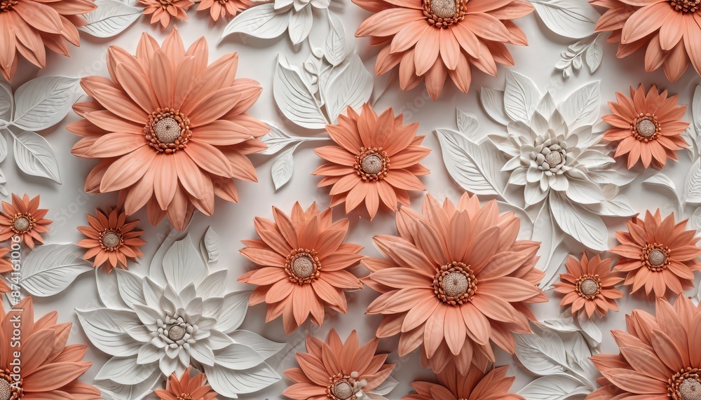 3D Floral Pattern with White and Orange Flowers. 3D Floral Pattern with White and Orange Flowers.