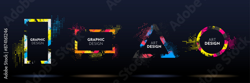 Vector frame for text. Modern art graphic. Dynamic frame. Paint brush stroke in geometric shape with halftone dots. Element for design business or gift card, event invitation, flyer, leaflet, cover