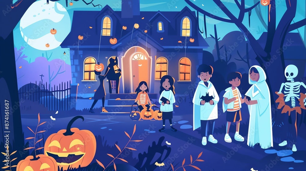 Children in costumes trick-or-treating at a spooky house on Halloween night. Children in costumes trick-or-treating at a spooky house on Halloween night.