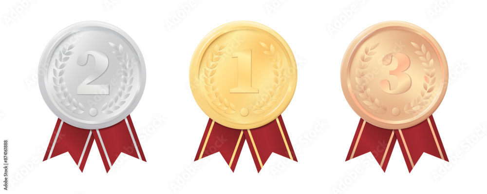 Illustration of gold medal, silver medal and bronze medal with red ribbons Illustration of gold medal, silver medal and bronze medal with red ribbons