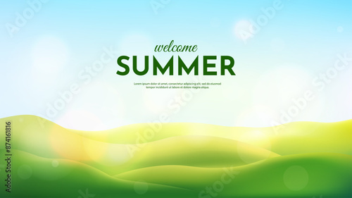 Vector illustration. Green meadow and hills natural background. Clear blue sky with bokeh lights. 3d rural eco concept cartoon wallpaper. Summer season. Empty template design with copy space for text